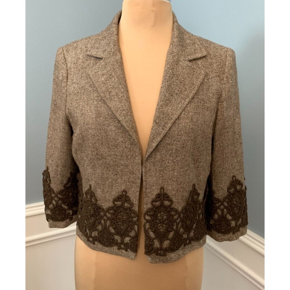 Karen Kane Blazer Womens 8 Tweed Wool Silk Lace Trim Lined Crop Jacket Academia
